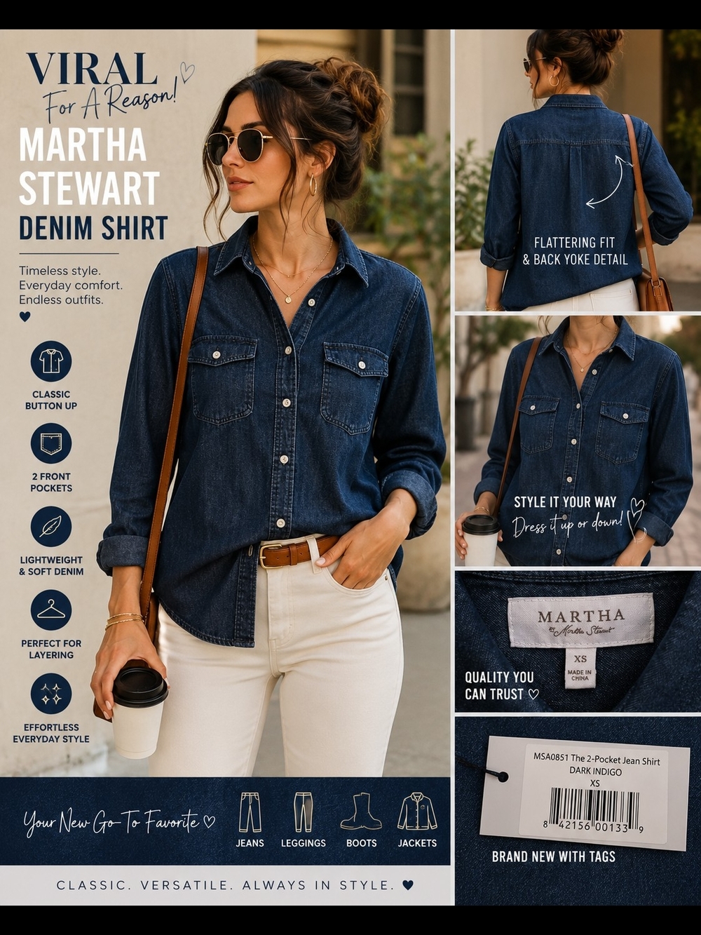 Martha Stewart Dark Indigo Denim Shirt